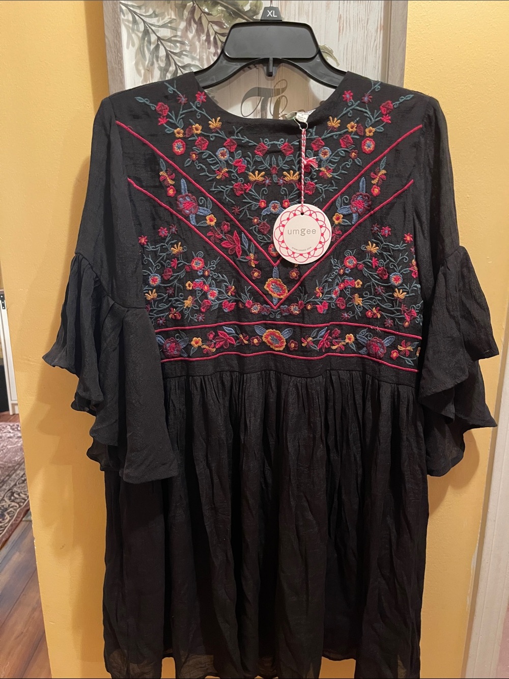 Umgee Black Long Sleeve Boho Dress with Multicolor Floral Embroidery size small